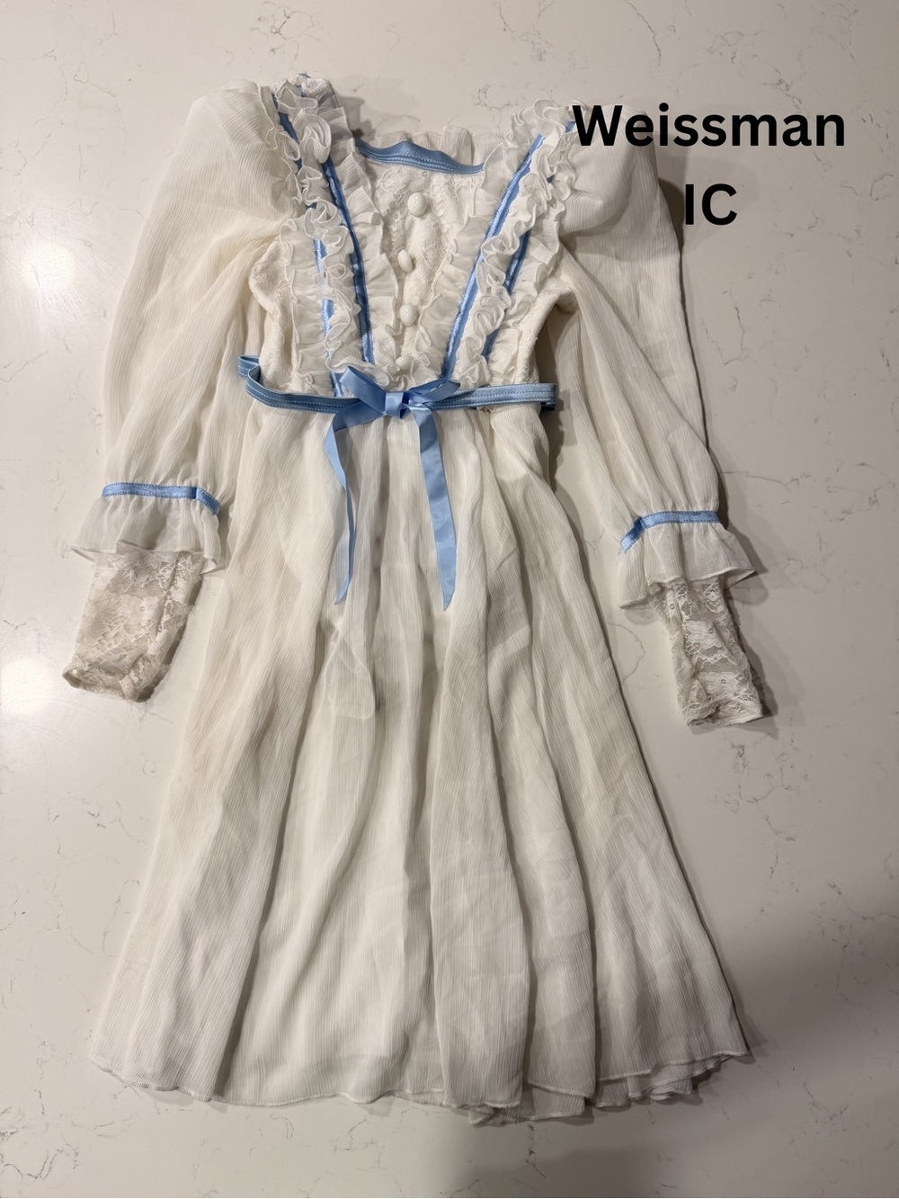 Weissman White Chiffon Dress with Blue Ribbon Accents